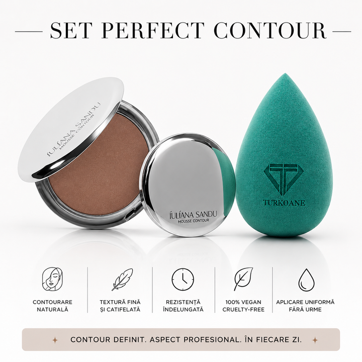 Set contur cremos Amber Mousse Iuliana Sandu cu buretel Green Beauty Blender Turkoane
