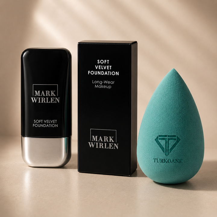 Set fond de ten Soft Velvet Mark Wirlen cu buretel Green Beauty Blender Turkoane