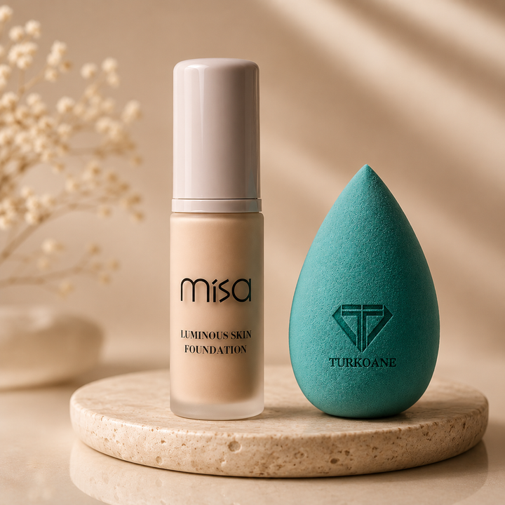 Set fond de ten Luminous Skin MISA cu buretel Green Beauty Blender Turkoane
