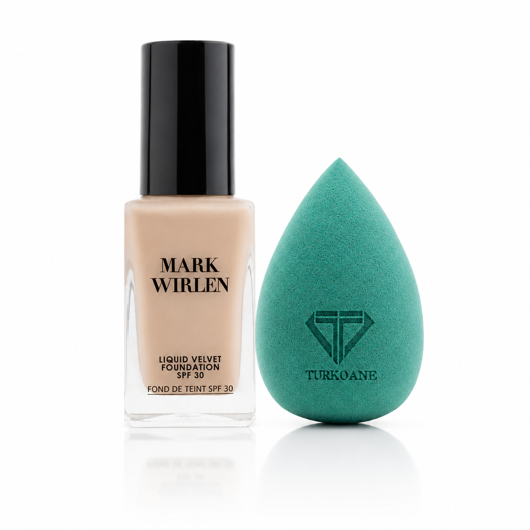 Set fond de ten Velvet Mark Wirlen cu buretel Green Beauty Blender Turkoane