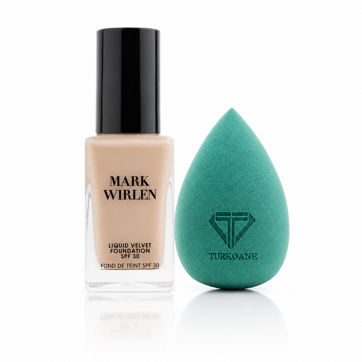 Set fond de ten Velvet Mark Wirlen cu buretel Green Beauty Blender Turkoane