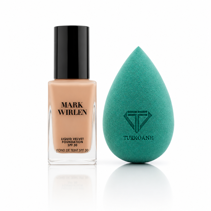 Set fond de ten Velvet Mark Wirlen cu buretel Green Beauty Blender Turkoane