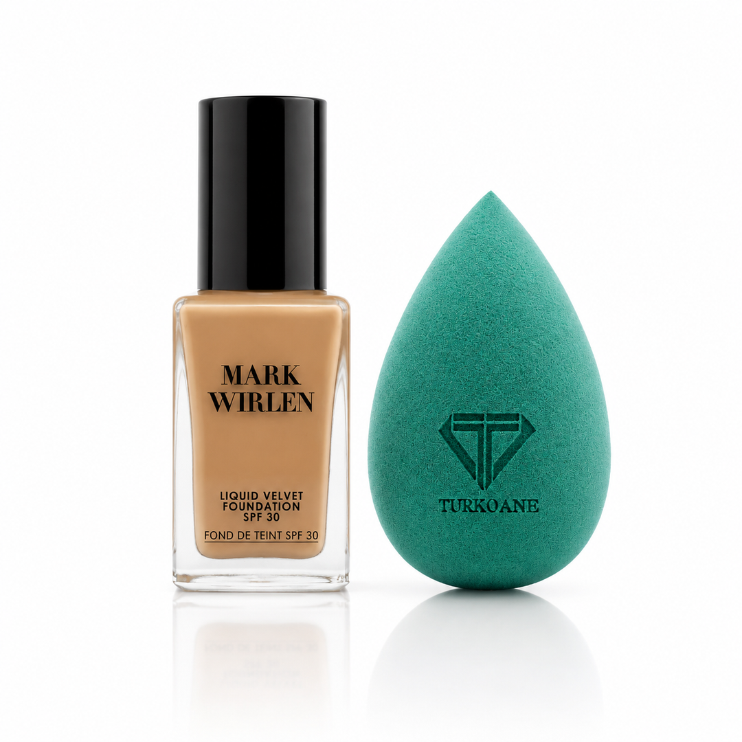 Set fond de ten Velvet Mark Wirlen cu buretel Green Beauty Blender Turkoane